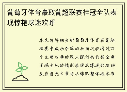 葡萄牙体育豪取葡超联赛桂冠全队表现惊艳球迷欢呼 葡萄牙体育豪取葡超联赛桂冠全队表现惊艳球迷欢呼